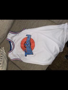 Tune Squad White Basketball Jersey with Red & Blue Logo